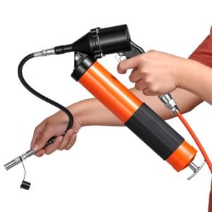 grease gun, continuous cycle heavy duty 6000 psi high pressure, pistol grip grease gun kit with 14 oz capacity, includes 18 inch flex hose, 1 extension rigid pipe, 2 flat nozzles for automotive