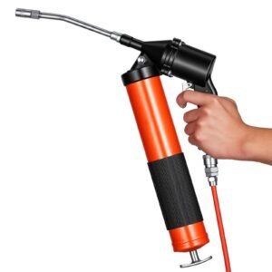 grease gun, continuous cycle heavy duty 6000 psi high pressure, pistol grip grease gun kit with 14 oz capacity, includes 18 inch flex hose, 1 extension rigid pipe, 2 flat nozzles for automotive
