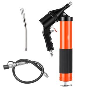 Grease Gun, Continuous Cycle Heavy Duty 6000 PSI High Pressure, Pistol Grip Grease Gun Kit with 14 oz Capacity, Includes 18-Inch Flex Hose, 1 Extension Rigid Pipe, 2 Flat Nozzles for Automotive