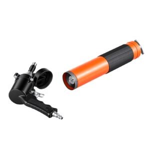grease gun, continuous cycle heavy duty 6000 psi high pressure, pistol grip grease gun kit with 14 oz capacity, includes 18 inch flex hose, 1 extension rigid pipe, 2 flat nozzles for automotive