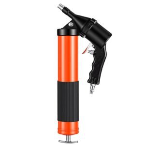 grease gun, continuous cycle heavy duty 6000 psi high pressure, pistol grip grease gun kit with 14 oz capacity, includes 18 inch flex hose, 1 extension rigid pipe, 2 flat nozzles for automotive