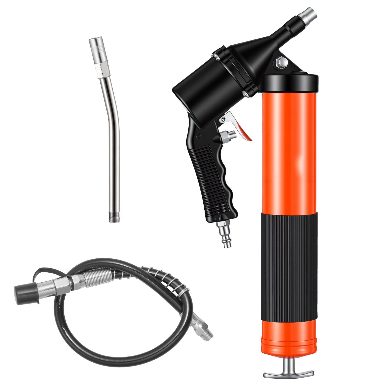 grease gun, continuous cycle heavy duty 6000 psi high pressure, pistol grip grease gun kit with 14 oz capacity, includes 18 inch flex hose, 1 extension rigid pipe, 2 flat nozzles for automotive