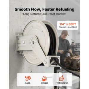 grease hose reel, 1/4 in x 50 ft retractable, spring driven auto swivel rewind, max 10152 psi, heavy duty carbon steel construction with steel wire braided hose, for lube, grease, hydraulic oil