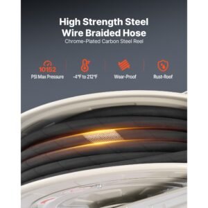 grease hose reel, 1/4 in x 50 ft retractable, spring driven auto swivel rewind, max 10152 psi, heavy duty carbon steel construction with steel wire braided hose, for lube, grease, hydraulic oil