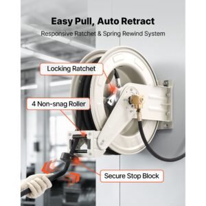 grease hose reel, 1/4 in x 50 ft retractable, spring driven auto swivel rewind, max 10152 psi, heavy duty carbon steel construction with steel wire braided hose, for lube, grease, hydraulic oil