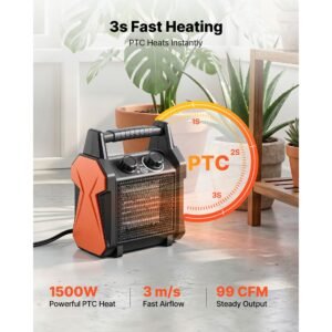 greenhouse heater, 1500w electric ptc space heater with fan, low & high heat modes, overheat protection, tip over shut off, portable for grow tent, small greenhouse, flower room, home office