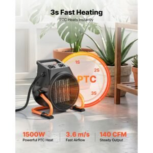 greenhouse heater, 1500w electric ptc space heater with thermostat, fan, low & high heat modes, 15° adjustable angle, overheat protection, for grow tent, greenhouse, flower room, home office