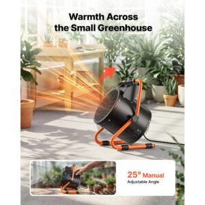 greenhouse heater, 1500w electric space heater with fan & high heat modes, ipx4 protection, 25° adjustable angle, overheat protection, for grow tent, small greenhouse, flower room, home office