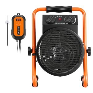 Greenhouse Heater, 1500W Electric Space Heater with Thermostat, Fan & High Heat Modes, 25° Adjustable Angle, IPX4 & Overheat Protection, for Grow Tent, Greenhouse, Flower Room, Home Office