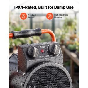 greenhouse heater, 1500w electric space heater with thermostat, fan & high heat modes, 25° adjustable angle, ipx4 & overheat protection, for grow tent, greenhouse, flower room, home office
