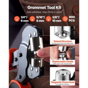 grommet tool kit 1/4" 5/16" 3/8" 900 pcs grommets eyelet tool kit, with eyelets and washers, manual grommet press pliers, hole punch tools, blocks, for leather, tarps, shoes, crafts, fabric
