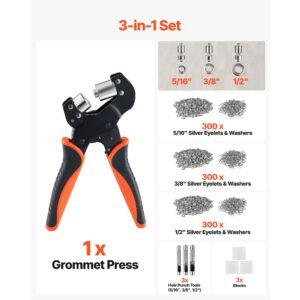 grommet tool kit 5/16" 3/8" 1/2" 900 pcs grommets eyelet tool kit, with eyelets and washers, manual grommet press pliers, hole punch tools, blocks, for leather, tarps, shoes, crafts, fabric