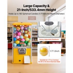 gumball machine, 21 inch height candy vending machine dispenser, 25 cent vending machines for shopping malls, supermarkets, amusement parks, arcades, holds up to 180 1.77 inch spherical candies