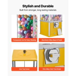 gumball machine, 21 inch height candy vending machine dispenser, 25 cent vending machines for shopping malls, supermarkets, amusement parks, arcades, holds up to 180 1.77 inch spherical candies