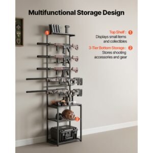 gun rack, floor standing, indoor rifle shotgun rack stand with storage shelf, for wall mount gun display stand, holds up to 5 rifles, heavy duty steel, for home garage hunting long guns storage