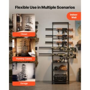 gun rack, floor standing, indoor rifle shotgun rack stand with storage shelf, for wall mount gun display stand, holds up to 5 rifles, heavy duty steel, for home garage hunting long guns storage