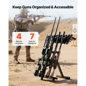 gun rack, portable, folding heavy duty steel rifle shotgun rack stand, freestanding indoor outdoor gun display storage, holds up to 7 pistols and 4 rifles or shotguns, for shooting hunting range