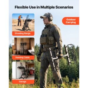 gun rack, portable, folding heavy duty steel rifle shotgun rack stand, freestanding indoor outdoor gun display storage, holds up to 7 pistols and 4 rifles or shotguns, for shooting hunting range