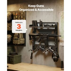 gun rack wall mount, heavy duty steel, indoor rifle shotgun rack with j hooks, additional tray storage, gun accessories display storage holder, hold up to 3 rifles or shotguns, for tactical gear