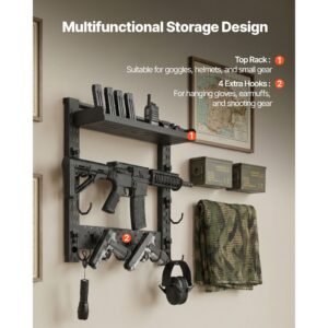 gun rack wall mount, heavy duty steel, indoor rifle shotgun rack with j hooks, additional tray storage, gun accessories display storage holder, hold up to 3 rifles or shotguns, for tactical gear