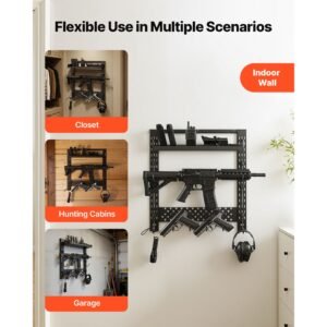 gun rack wall mount, heavy duty steel, indoor rifle shotgun rack with j hooks, additional tray storage, gun accessories display storage holder, hold up to 3 rifles or shotguns, for tactical gear