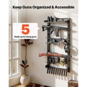 gun rack wall mount, heavy duty steel, indoor rifle shotgun rack with magazine holder, molle panel, gun accessories display storage holder, hold up to 5 rifles or shotguns, for tactical gear