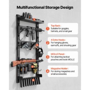 gun rack wall mount, heavy duty steel, indoor rifle shotgun rack with magazine holder, molle panel, gun accessories display storage holder, hold up to 5 rifles or shotguns, for tactical gear