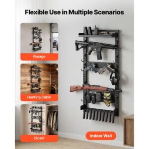 gun rack wall mount, heavy duty steel, indoor rifle shotgun rack with magazine holder, molle panel, gun accessories display storage holder, hold up to 5 rifles or shotguns, for tactical gear