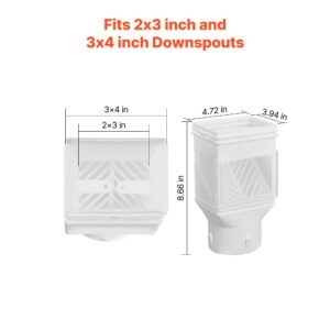 gutter downspouts, downspout diverter rainwater collection system fits for 2x3 or 3x4 inch standard inlet and Φ4inch outlet, flexible rain water barrel kit with mesh screen & transparent, white