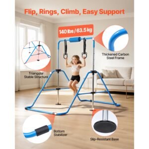 gymnastic bars for kids, 140 lbs capacity folding training kip bar, adjustable height gymnastic horizontal bar for home, training equipment for indoor and outdoor, easy to assemble, blue