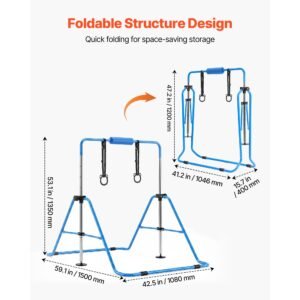 gymnastic bars for kids, 140 lbs capacity folding training kip bar, adjustable height gymnastic horizontal bar for home, training equipment for indoor and outdoor, easy to assemble, blue