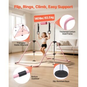 gymnastic bars for kids, 140 lbs capacity folding training kip bar, adjustable height gymnastic horizontal bar for home, training equipment for indoor and outdoor, easy to assemble, pink