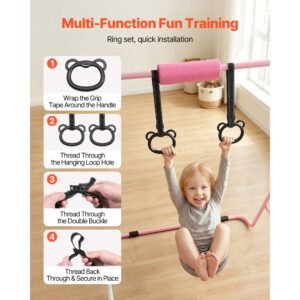 gymnastic bars for kids, 140 lbs capacity folding training kip bar, adjustable height gymnastic horizontal bar for home, training equipment for indoor and outdoor, easy to assemble, pink
