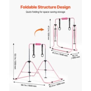 gymnastic bars for kids, 140 lbs capacity folding training kip bar, adjustable height gymnastic horizontal bar for home, training equipment for indoor and outdoor, easy to assemble, pink