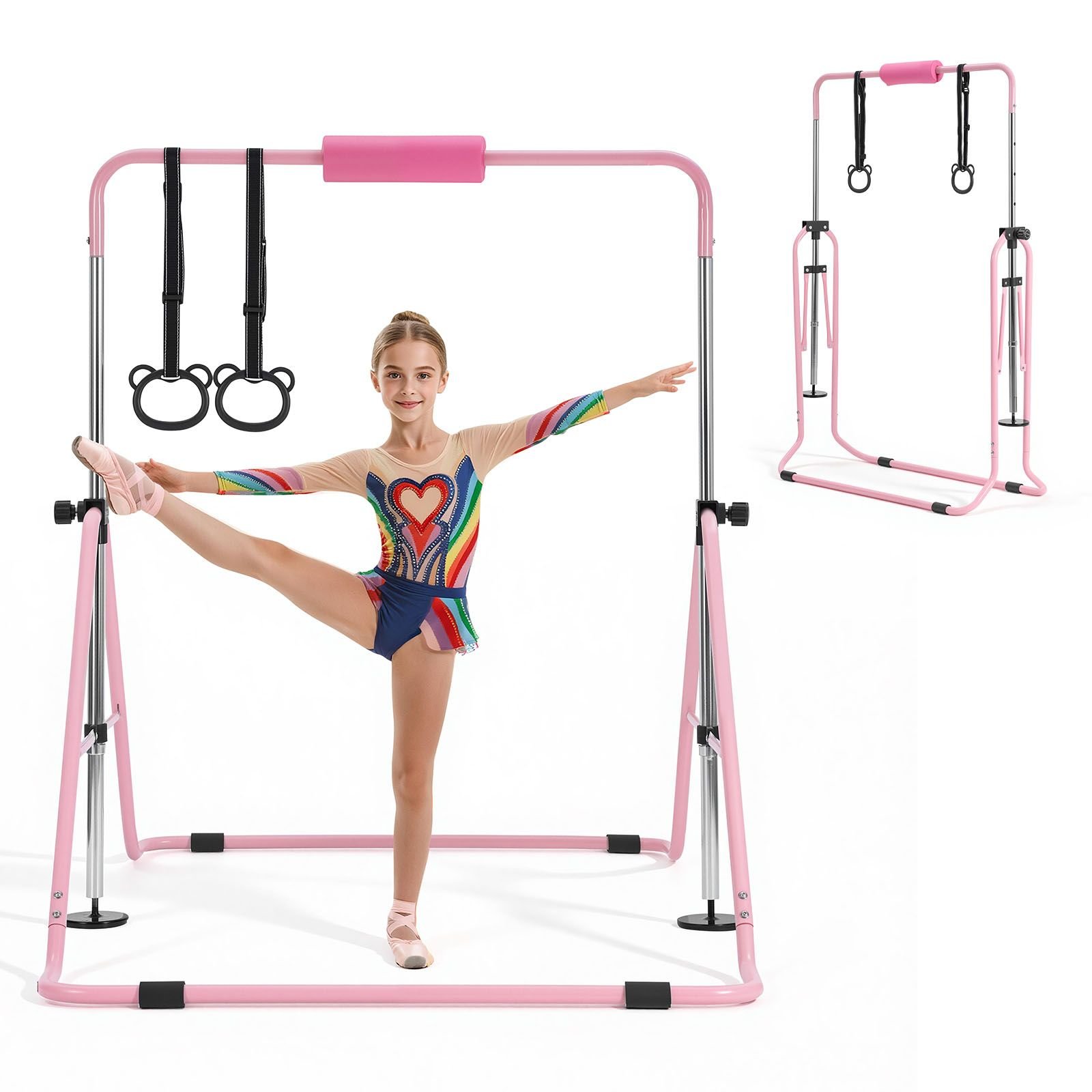 gymnastic bars for kids, 140 lbs capacity folding training kip bar, adjustable height gymnastic horizontal bar for home, training equipment for indoor and outdoor, easy to assemble, pink