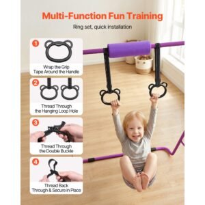 gymnastic bars for kids, 140 lbs capacity folding training kip bar, adjustable height gymnastic horizontal bar for home, training equipment for indoor and outdoor, easy to assemble, purple