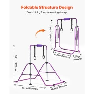 gymnastic bars for kids, 140 lbs capacity folding training kip bar, adjustable height gymnastic horizontal bar for home, training equipment for indoor and outdoor, easy to assemble, purple