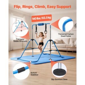 gymnastic bars for kids, 140 lbs capacity folding training kip bar with mat, adjustable height gymnastic horizontal bar for home, training equipment for indoor outdoor, easy to assemble, blue