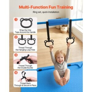 gymnastic bars for kids, 140 lbs capacity folding training kip bar with mat, adjustable height gymnastic horizontal bar for home, training equipment for indoor outdoor, easy to assemble, blue