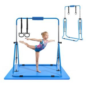 Gymnastic Bars for Kids, 140 lbs Capacity Folding Training Kip Bar with Mat, Adjustable Height Gymnastic Horizontal Bar for Home, Training Equipment for Indoor Outdoor, Easy to Assemble, Blue