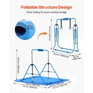 gymnastic bars for kids, 140 lbs capacity folding training kip bar with mat, adjustable height gymnastic horizontal bar for home, training equipment for indoor outdoor, easy to assemble, blue