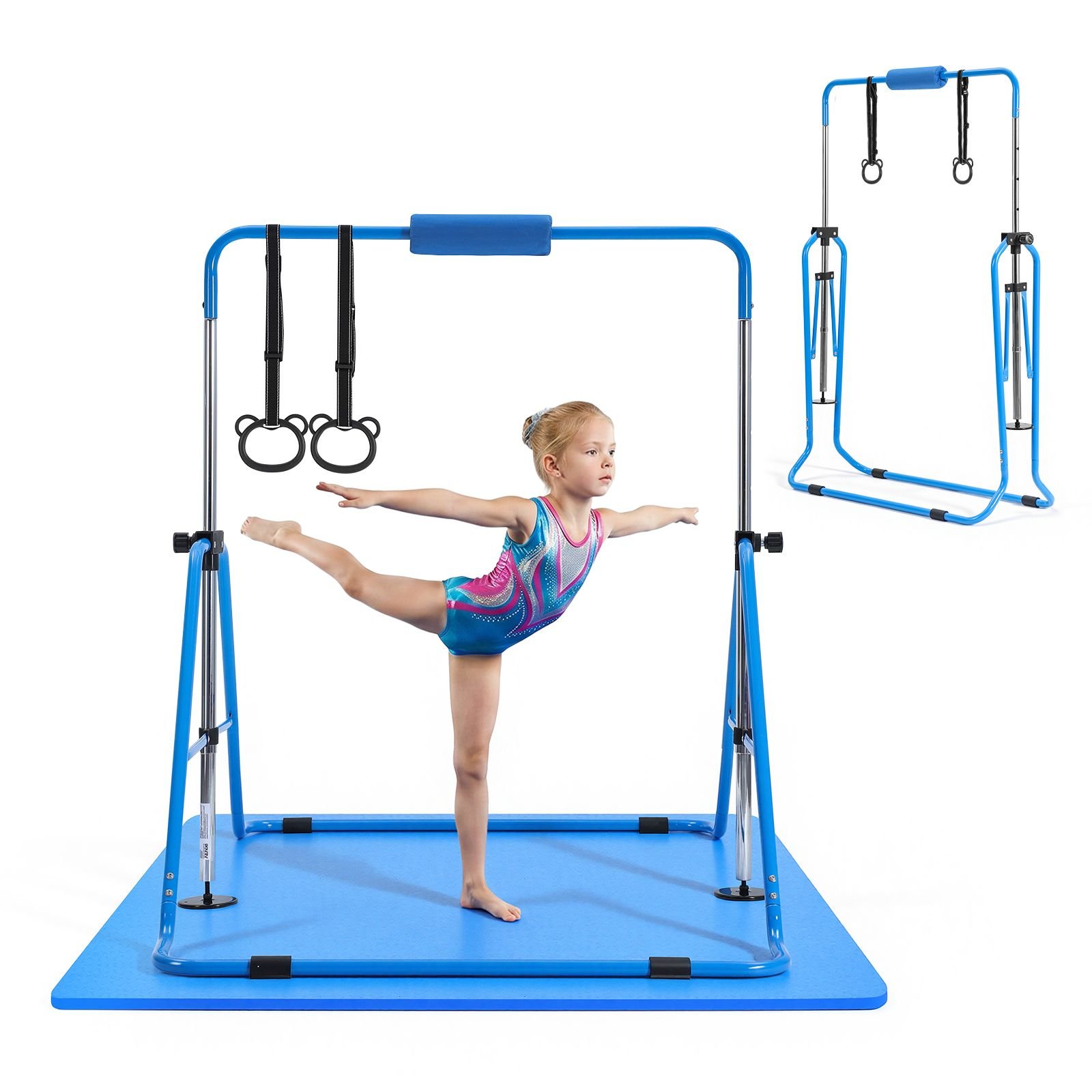 gymnastic bars for kids, 140 lbs capacity folding training kip bar with mat, adjustable height gymnastic horizontal bar for home, training equipment for indoor outdoor, easy to assemble, blue