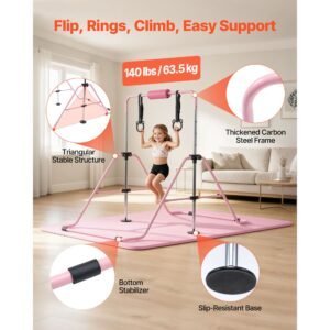 gymnastic bars for kids, 140 lbs capacity folding training kip bar with mat, adjustable height gymnastic horizontal bar for home, training equipment for indoor outdoor, easy to assemble, pink