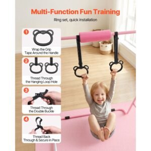 gymnastic bars for kids, 140 lbs capacity folding training kip bar with mat, adjustable height gymnastic horizontal bar for home, training equipment for indoor outdoor, easy to assemble, pink