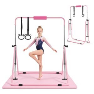 Gymnastic Bars for Kids, 140 lbs Capacity Folding Training Kip Bar with Mat, Adjustable Height Gymnastic Horizontal Bar for Home, Training Equipment for Indoor Outdoor, Easy to Assemble, Pink
