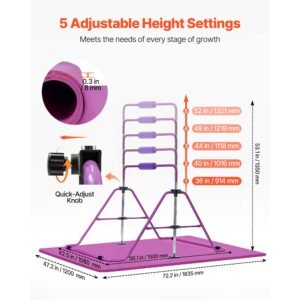 gymnastic bars for kids, 140 lbs capacity folding training kip bar with mat, adjustable height gymnastic horizontal bar for home, training equipment for indoor outdoor, easy to assemble, purple