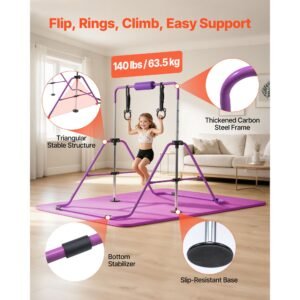 gymnastic bars for kids, 140 lbs capacity folding training kip bar with mat, adjustable height gymnastic horizontal bar for home, training equipment for indoor outdoor, easy to assemble, purple