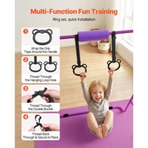 gymnastic bars for kids, 140 lbs capacity folding training kip bar with mat, adjustable height gymnastic horizontal bar for home, training equipment for indoor outdoor, easy to assemble, purple