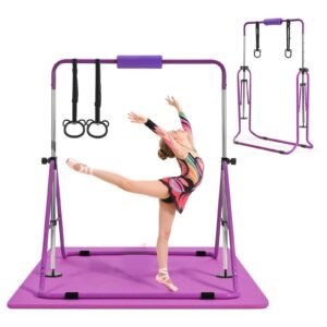 Gymnastic Bars for Kids, 140 lbs Capacity Folding Training Kip Bar with Mat, Adjustable Height Gymnastic Horizontal Bar for Home, Training Equipment for Indoor Outdoor, Easy to Assemble, Purple