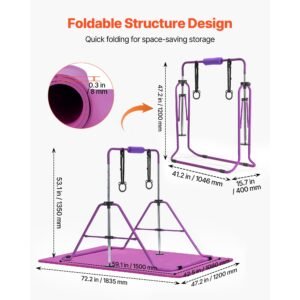 gymnastic bars for kids, 140 lbs capacity folding training kip bar with mat, adjustable height gymnastic horizontal bar for home, training equipment for indoor outdoor, easy to assemble, purple